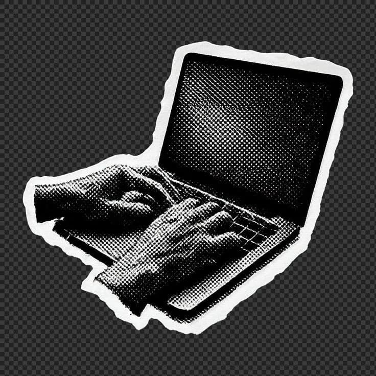 Sticker in stile halftone di mani che digitano su un laptop, su fondo a scacchi