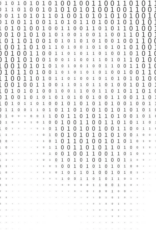 Pattern di codice binario, zero e uno, che sfuma su fondo bianco