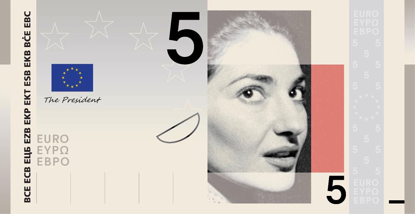 Proposta finalista per la banconota da 5 euro del tema 'Cultura europea', con il volto della soprano Maria Callas
