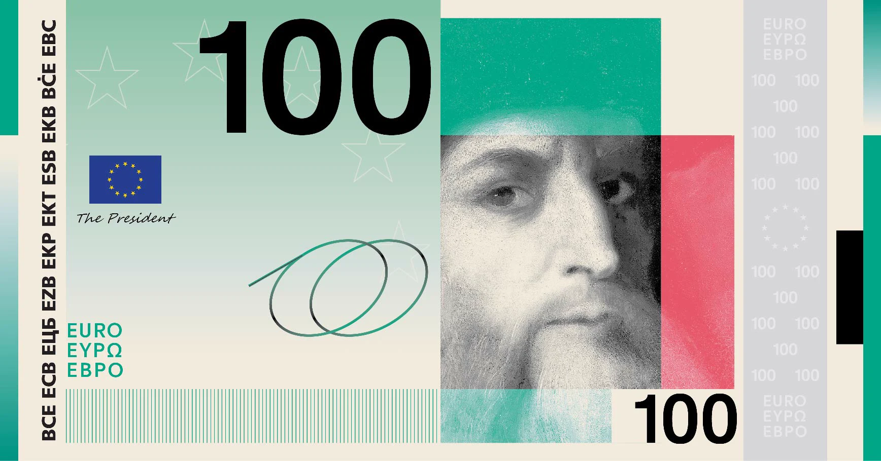 Una delle proposte finaliste per la banconota da 100 euro del tema 'Cultura europea': il volto di Leonardo da Vinci su sfondo verde acqua e rosa