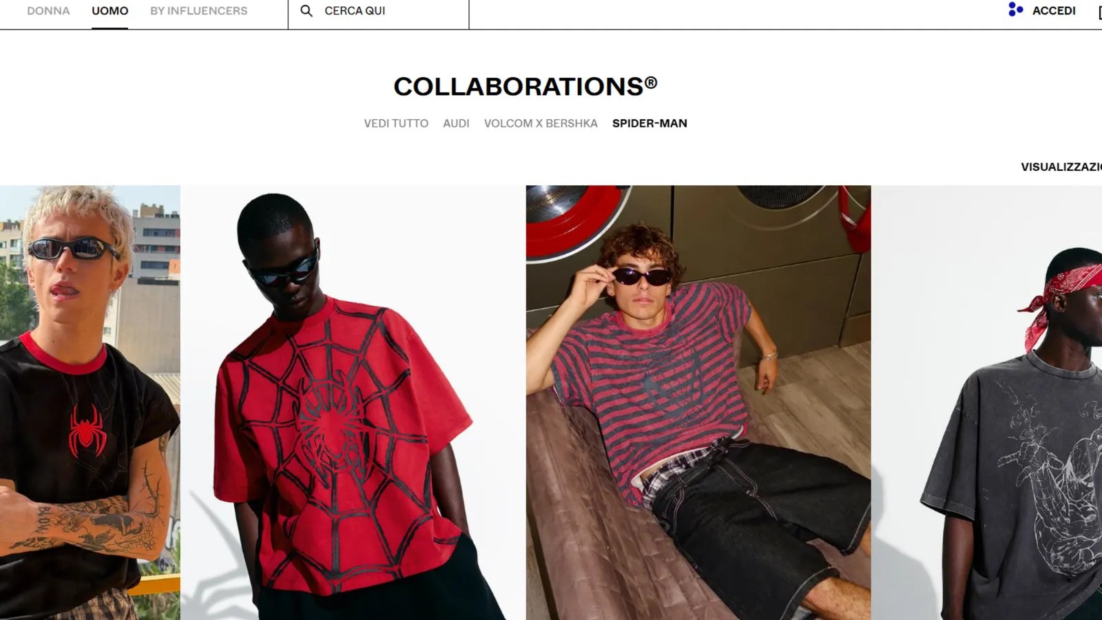 La collezione Spider-Man nella sezione Collaborations del sito Bershka